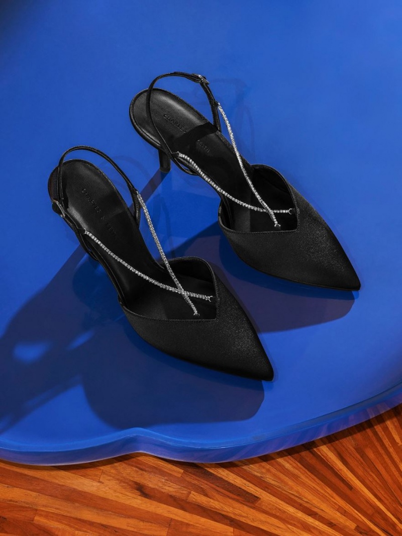 Charles And Keith Adel Recycled Polyester Gem-Strap Slingback Pumps Black | PHILIPPINES O150