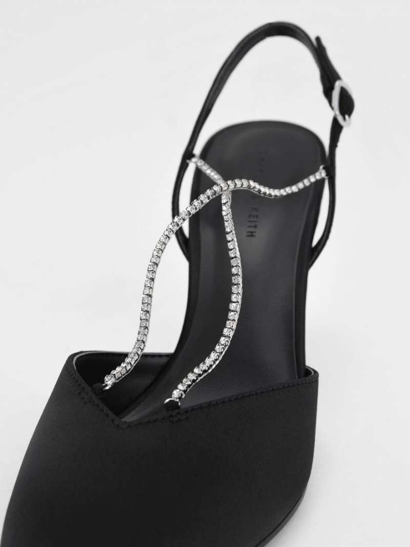 Charles And Keith Adel Recycled Polyester Gem-Strap Slingback Pumps Black | PHILIPPINES O150