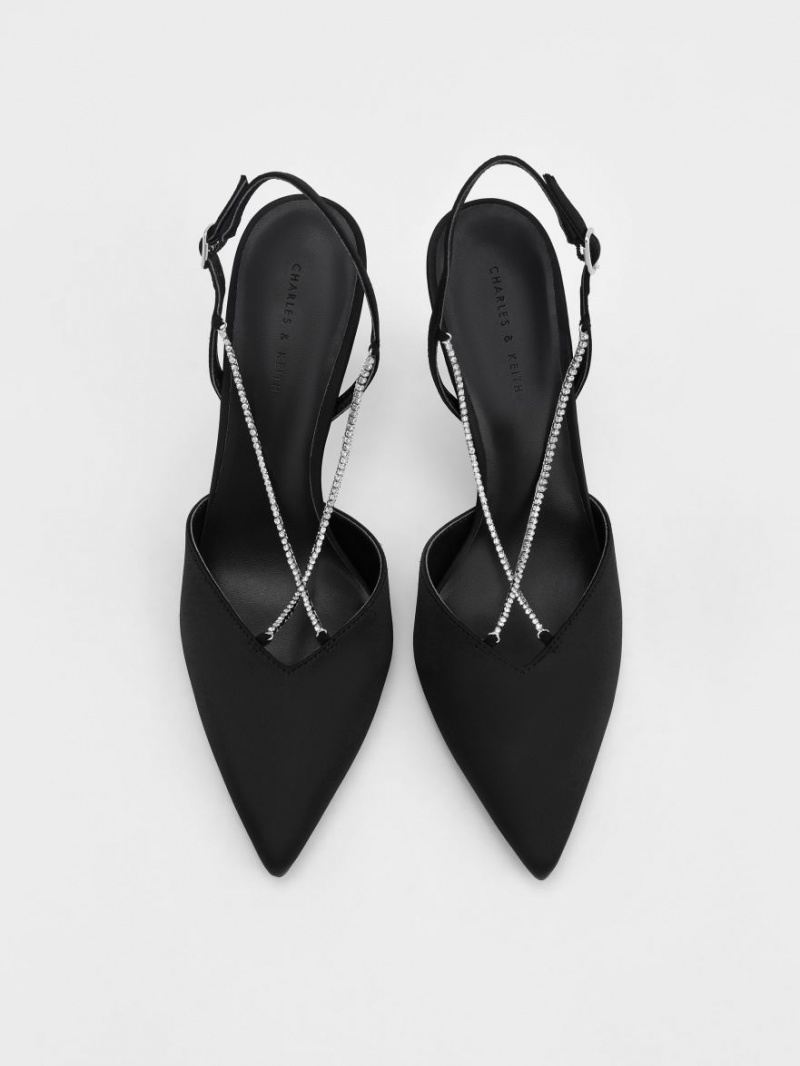 Charles And Keith Adel Recycled Polyester Gem-Strap Slingback Pumps Black | PHILIPPINES O150