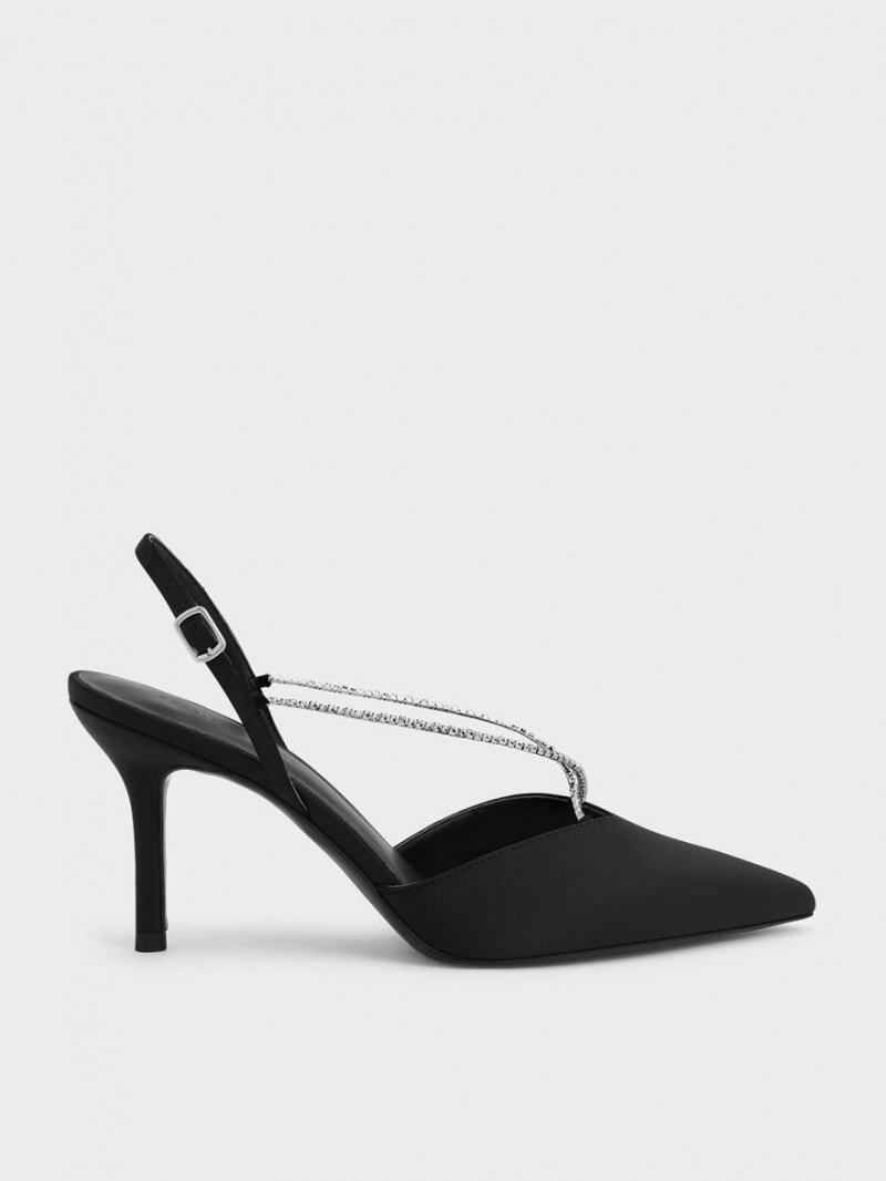 Charles And Keith Adel Recycled Polyester Gem-Strap Slingback Pumps Black | PHILIPPINES O150