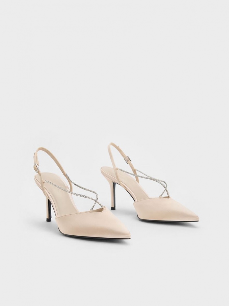 Charles And Keith Adel Recycled Polyester Gem-Strap Slingback Pumps Beige | PHILIPPINES I064