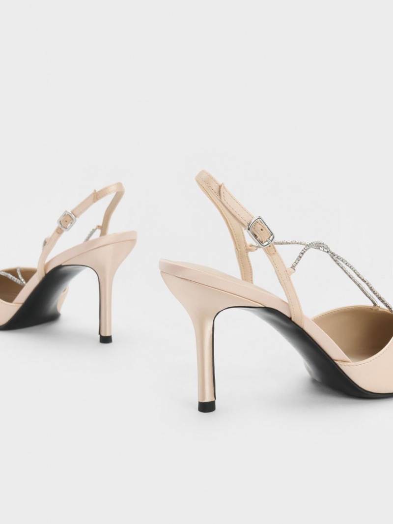 Charles And Keith Adel Recycled Polyester Gem-Strap Slingback Pumps Beige | PHILIPPINES I064