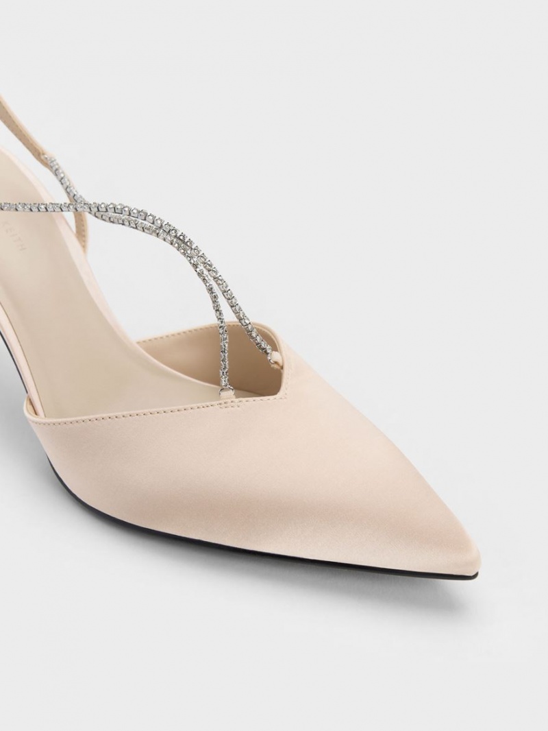 Charles And Keith Adel Recycled Polyester Gem-Strap Slingback Pumps Beige | PHILIPPINES I064