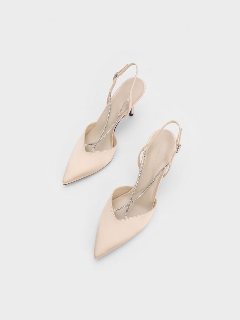 Charles And Keith Adel Recycled Polyester Gem-Strap Slingback Pumps Beige | PHILIPPINES I064