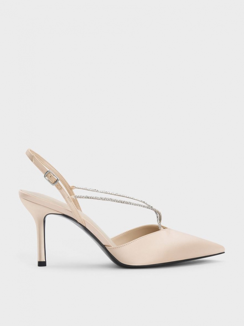 Charles And Keith Adel Recycled Polyester Gem-Strap Slingback Pumps Beige | PHILIPPINES I064