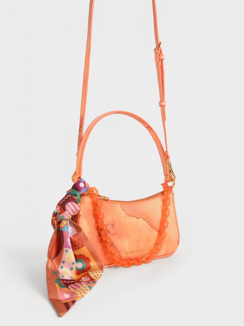 Charles And Keith Alcott Scarf Chain-Link Shoulder Bags Coral | PHILIPPINES L870