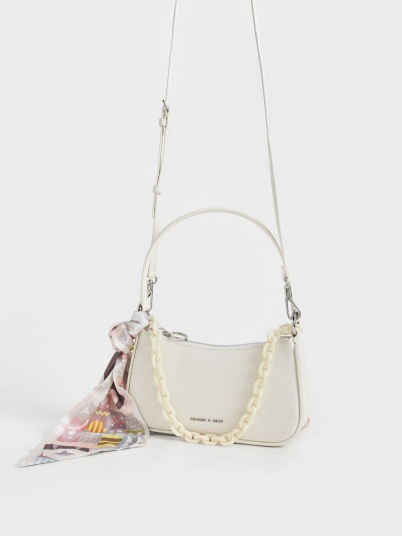 Charles And Keith Alcott Scarf Chain-Link Shoulder Bags Cream | PHILIPPINES O461