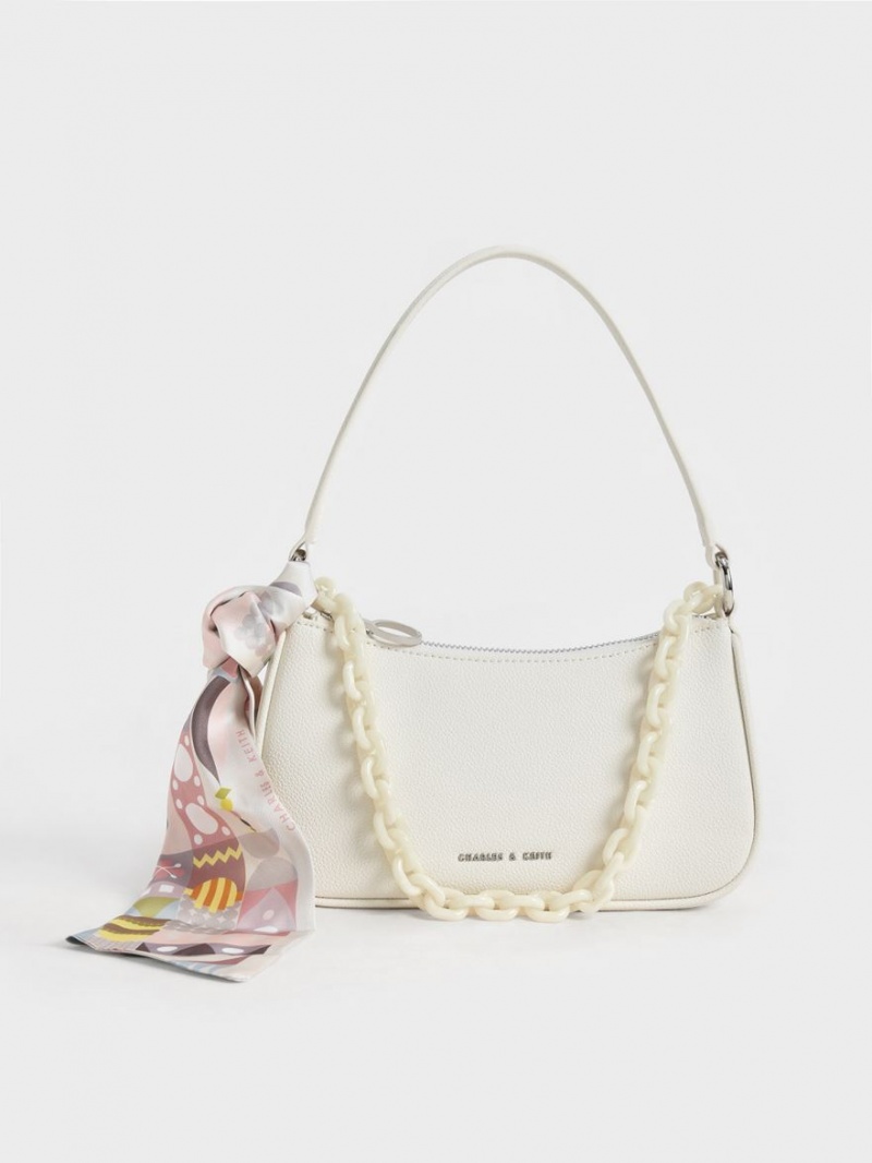 Charles And Keith Alcott Scarf Chain-Link Shoulder Bags Cream | PHILIPPINES O461