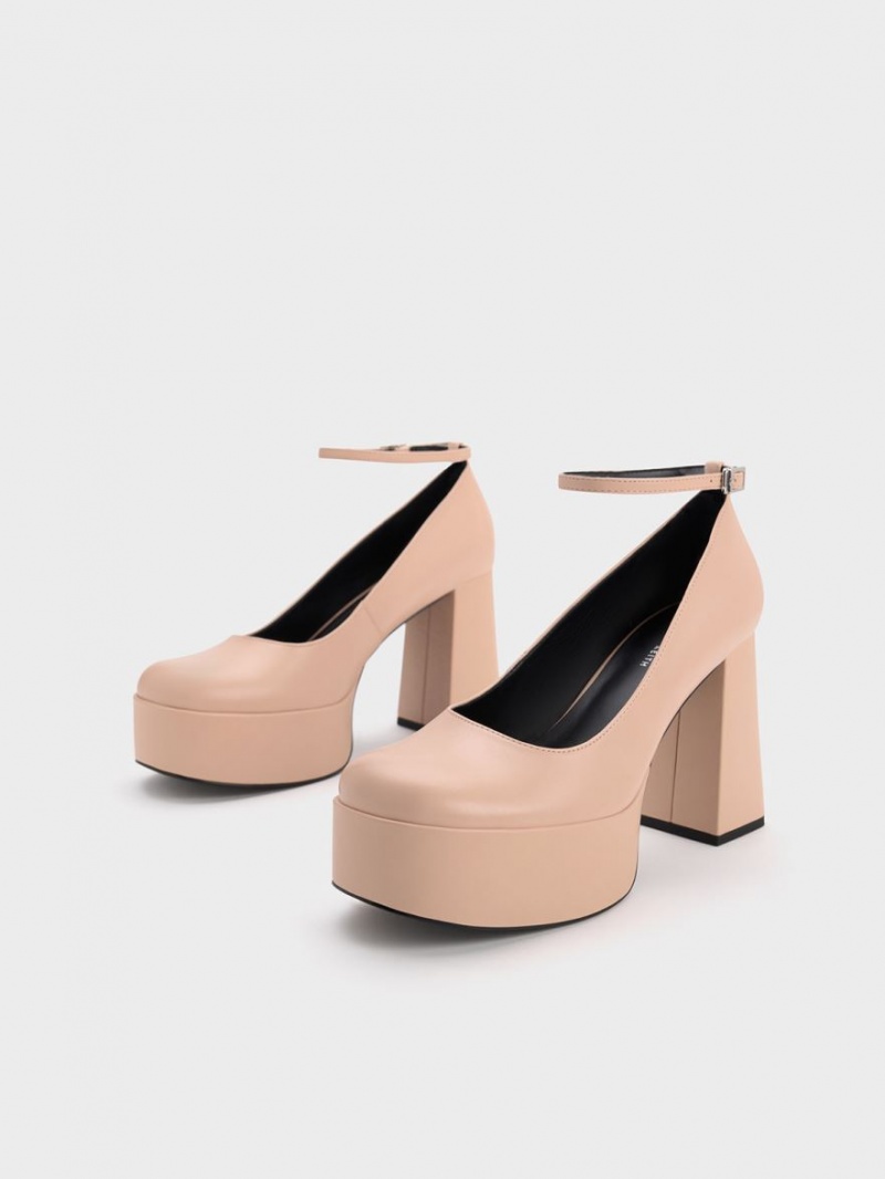 Charles And Keith Ankle-Strap Platform Pumps Beige | PHILIPPINES K190