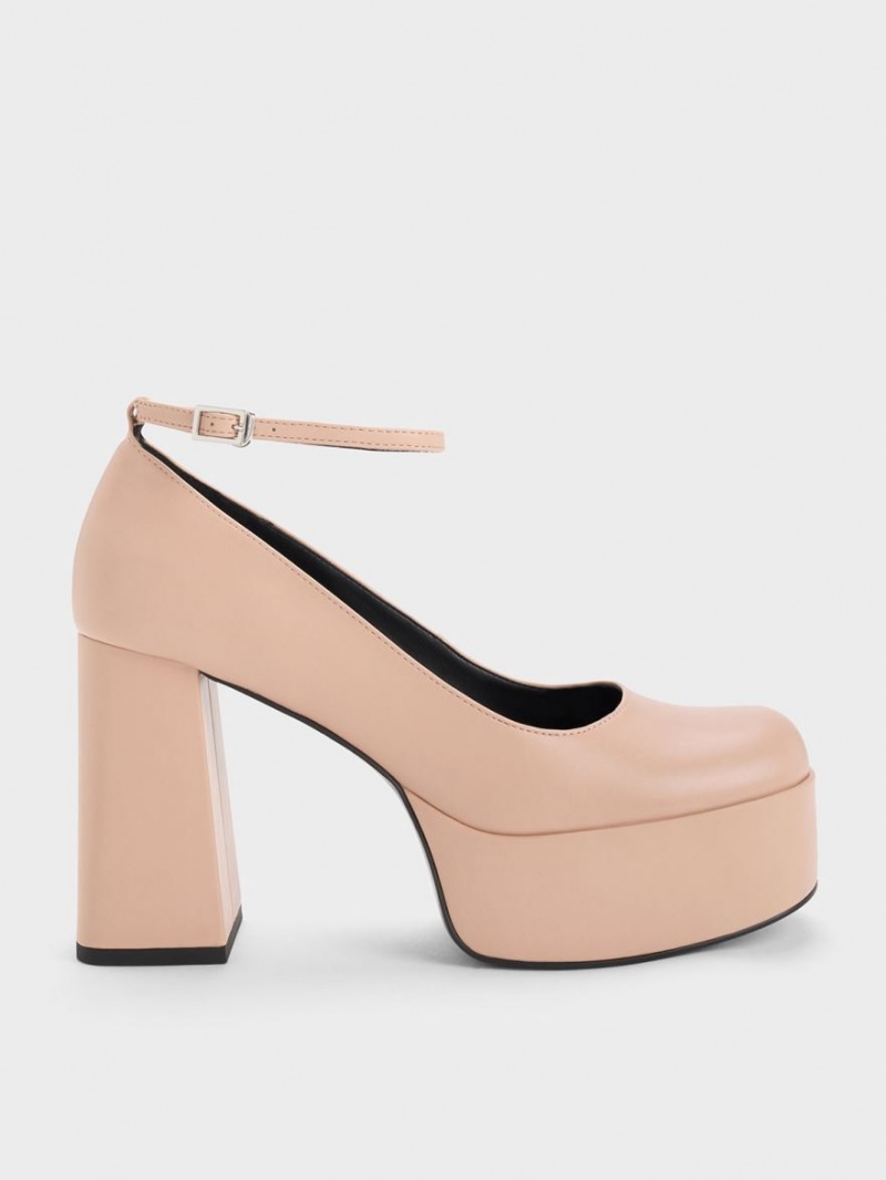 Charles And Keith Ankle-Strap Platform Pumps Beige | PHILIPPINES K190