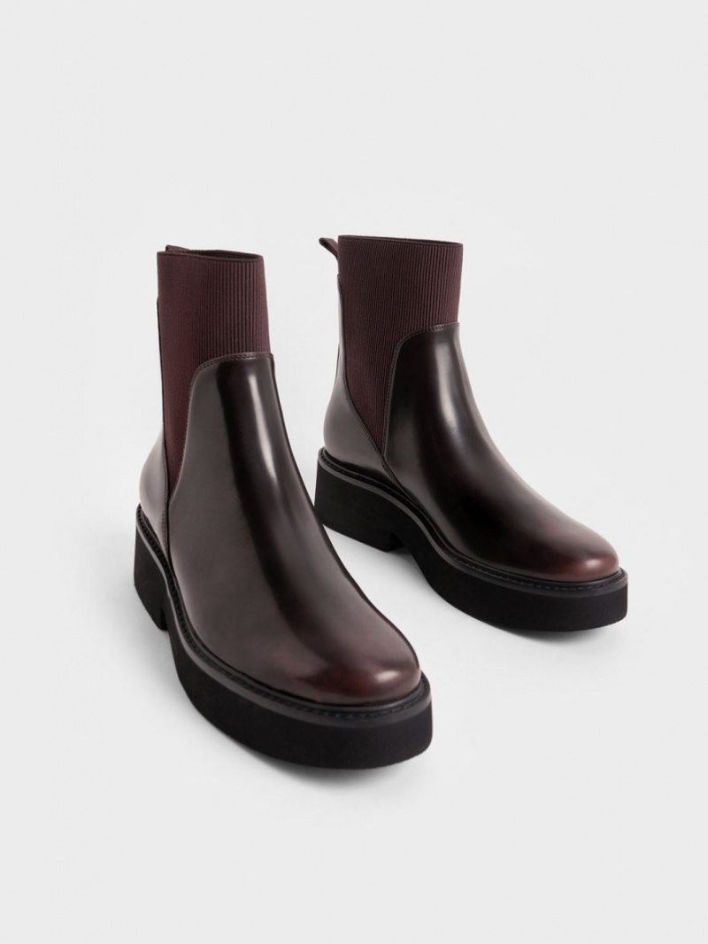 Charles And Keith Ankle Sock Boots Burgundy | PHILIPPINES S721