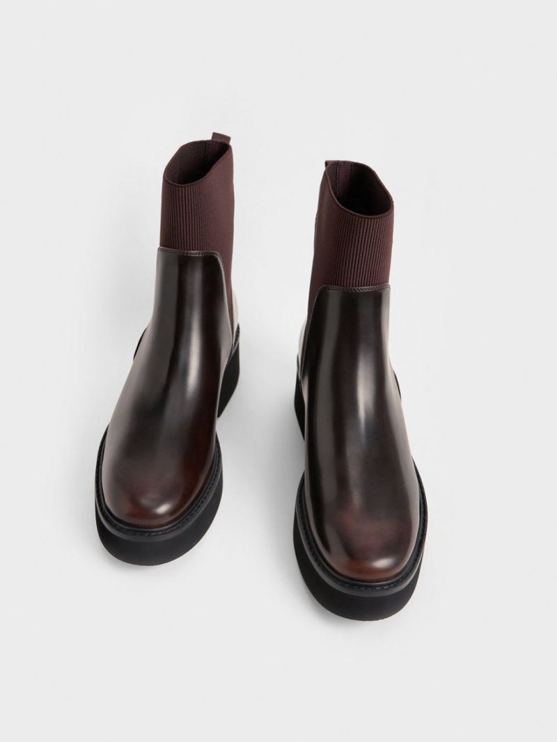 Charles And Keith Ankle Sock Boots Burgundy | PHILIPPINES S721