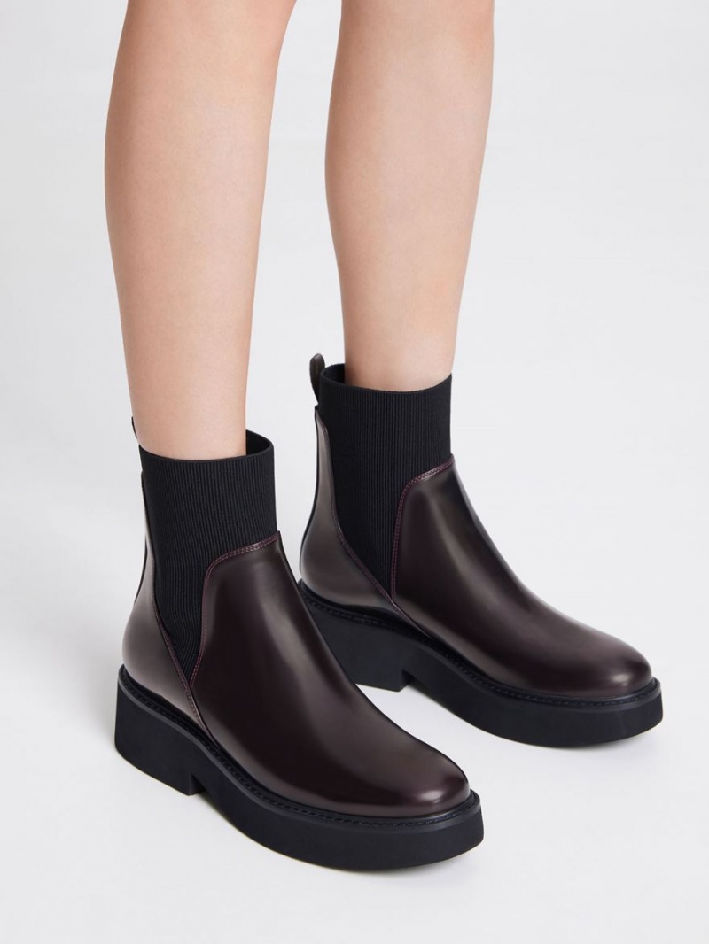 Charles And Keith Ankle Sock Boots Burgundy | PHILIPPINES H967