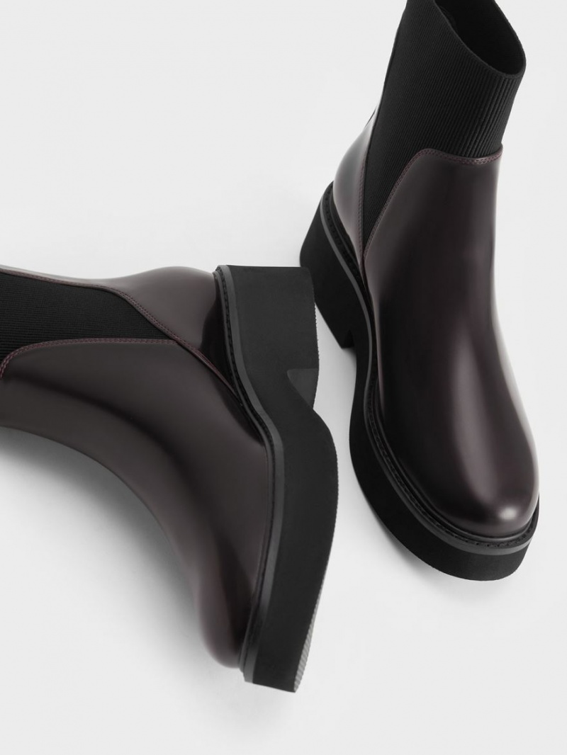 Charles And Keith Ankle Sock Boots Burgundy | PHILIPPINES H967