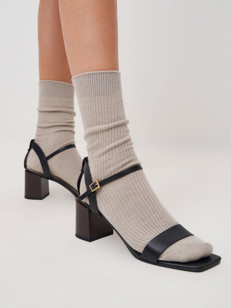 Charles And Keith Ankle Strap Stacked Heels Sandals Black | PHILIPPINES R754