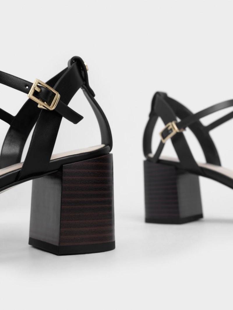 Charles And Keith Ankle Strap Stacked Heels Sandals Black | PHILIPPINES R754