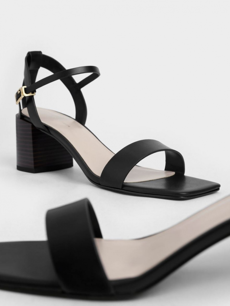 Charles And Keith Ankle Strap Stacked Heels Sandals Black | PHILIPPINES R754