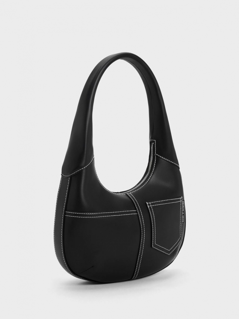 Charles And Keith Anthea Contrast-Trim Curved Hobo Bag Black | PHILIPPINES O957