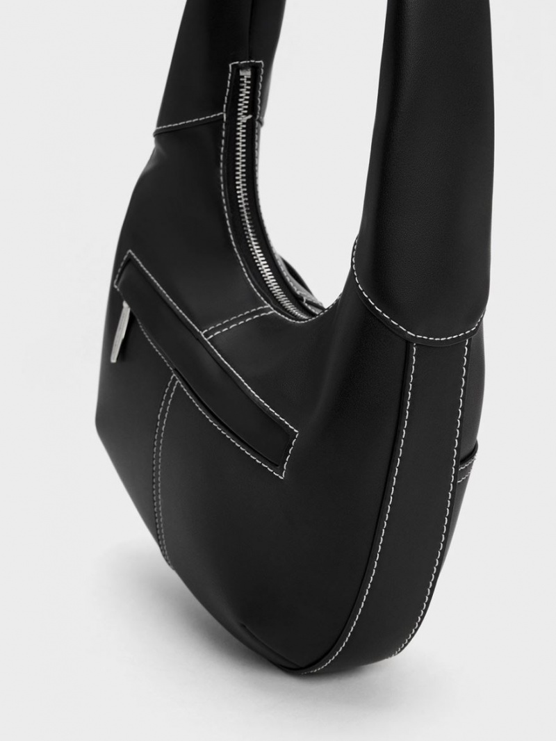 Charles And Keith Anthea Contrast-Trim Curved Hobo Bag Black | PHILIPPINES O957