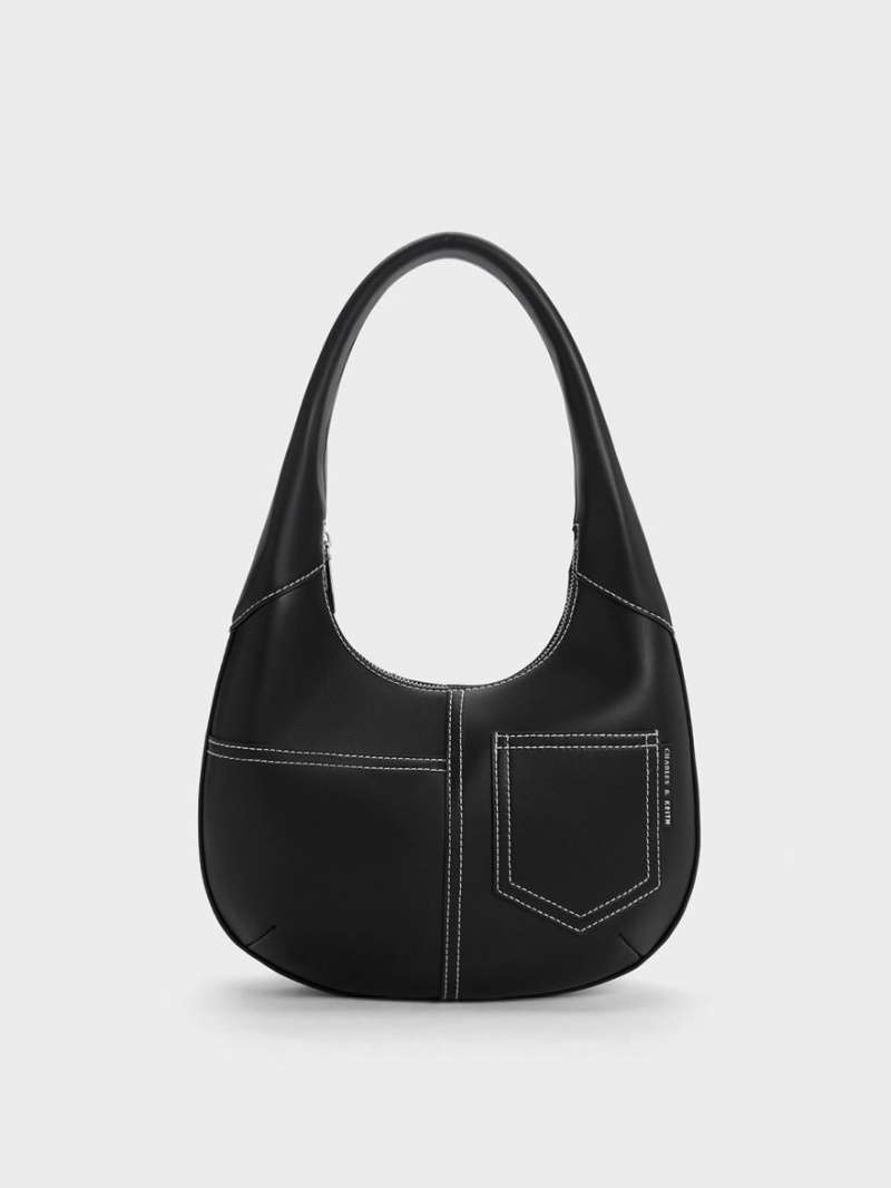 Charles And Keith Anthea Contrast-Trim Curved Hobo Bag Black | PHILIPPINES O957