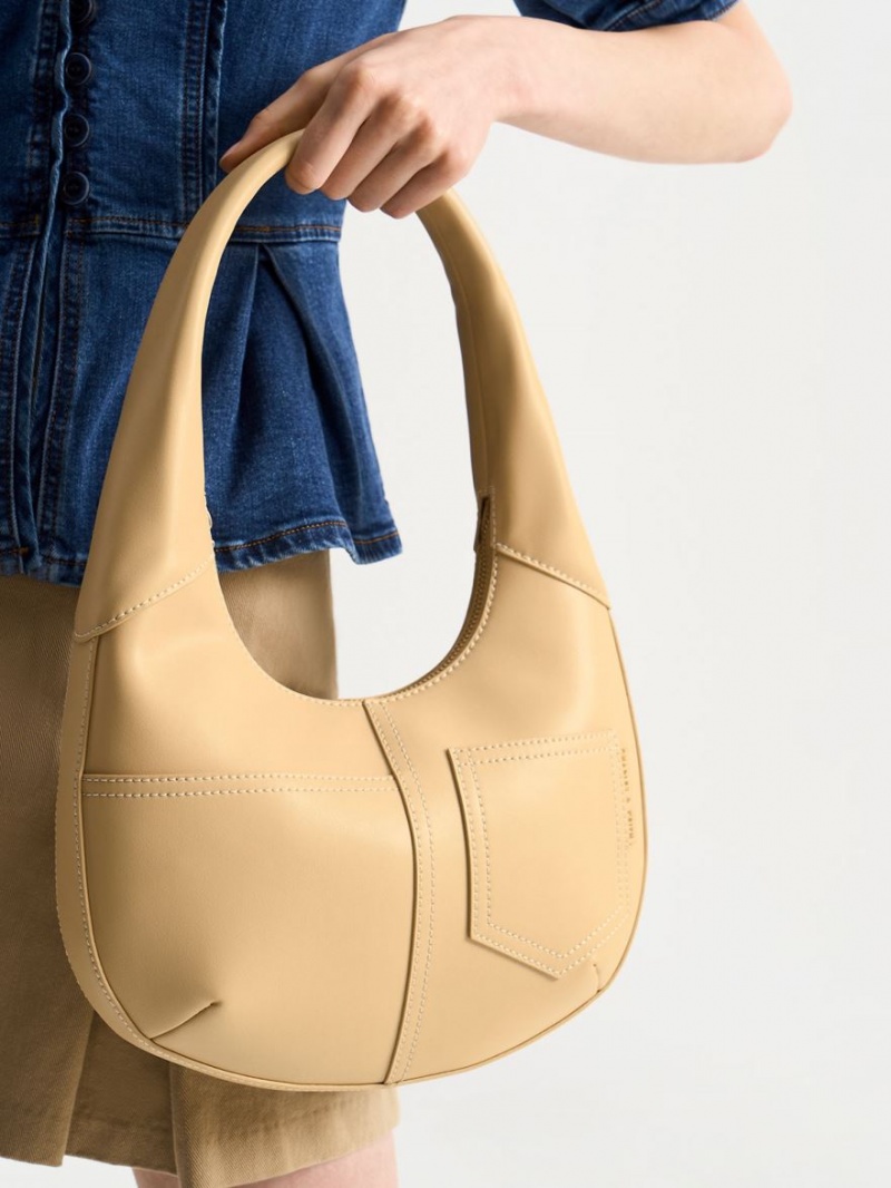 Charles And Keith Anthea Contrast-Trim Curved Hobo Bag Beige | PHILIPPINES Q083