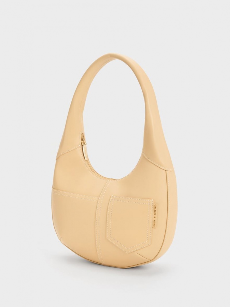 Charles And Keith Anthea Contrast-Trim Curved Hobo Bag Beige | PHILIPPINES Q083