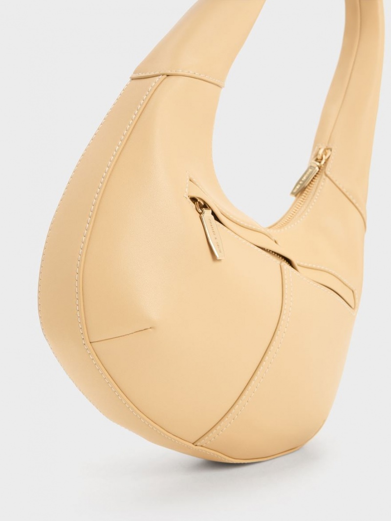 Charles And Keith Anthea Contrast-Trim Curved Hobo Bag Beige | PHILIPPINES Q083