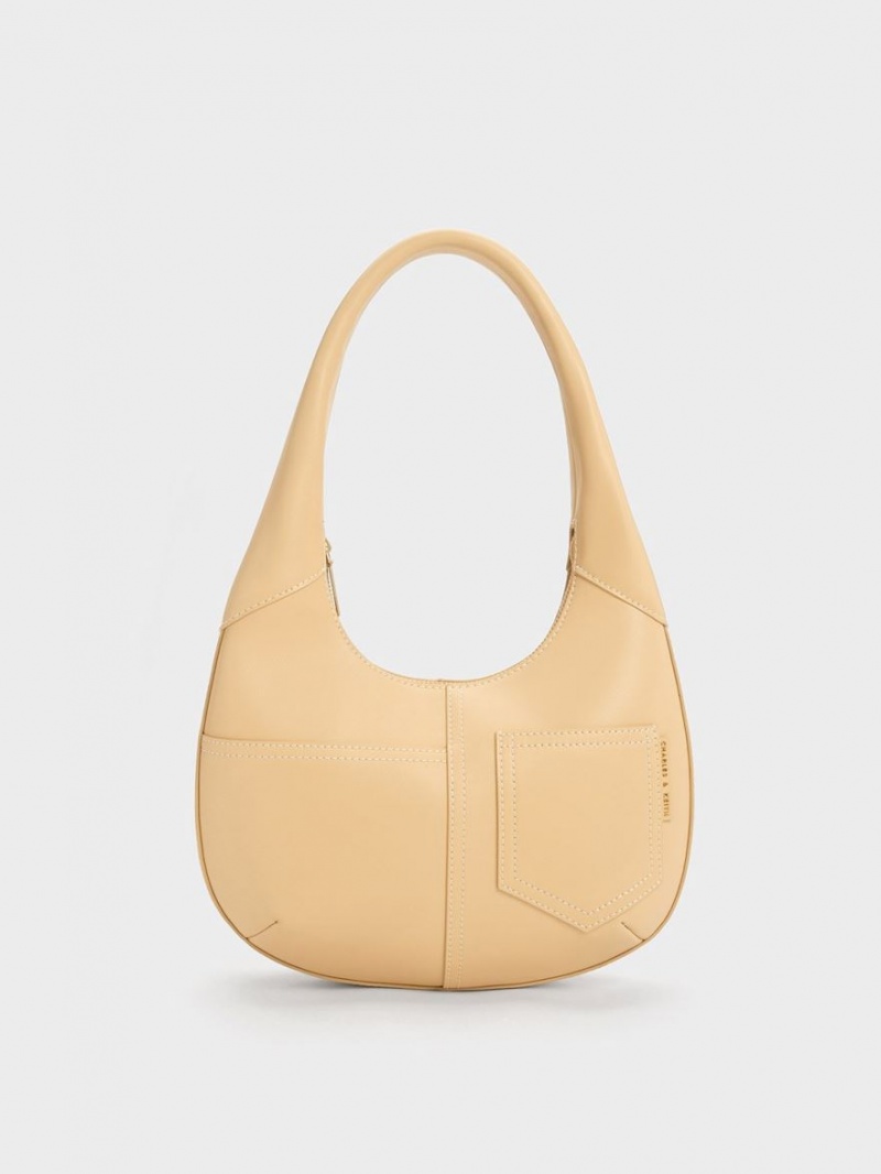 Charles And Keith Anthea Contrast-Trim Curved Hobo Bag Beige | PHILIPPINES Q083