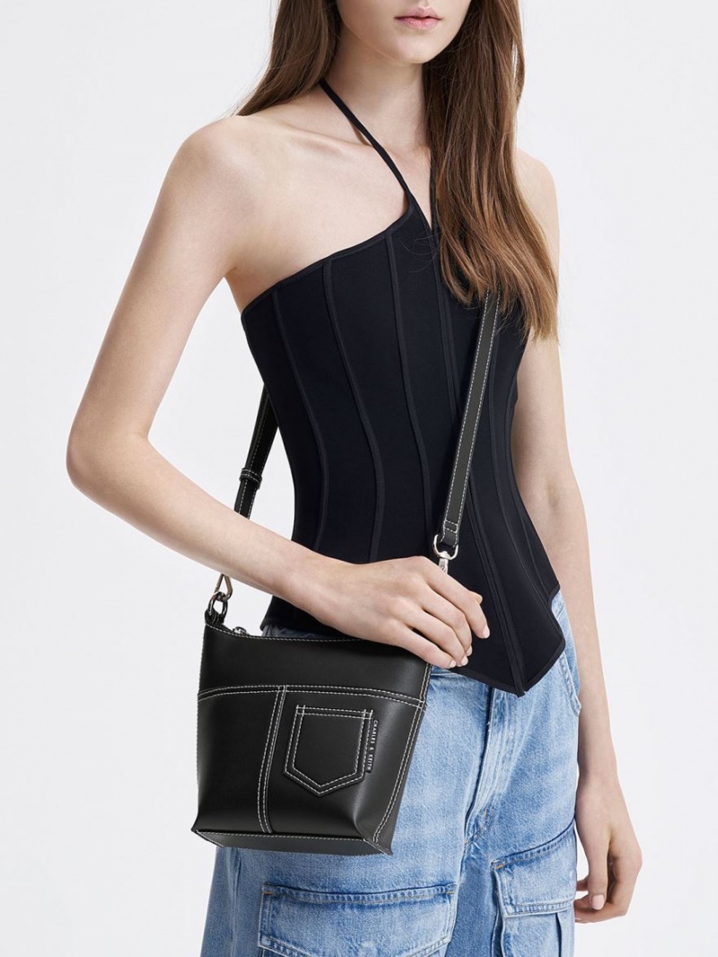 Charles And Keith Anthea Contrast-Trim Shoulder Bags Black | PHILIPPINES V695