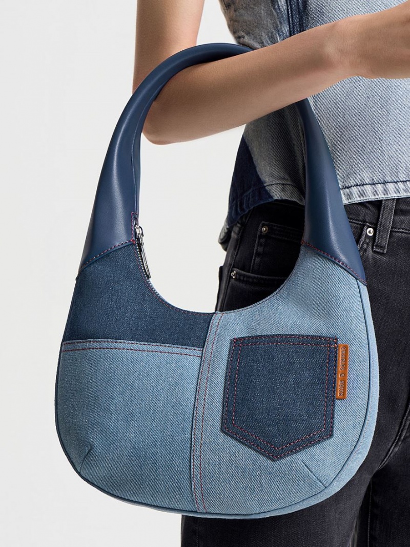 Charles And Keith Anthea Denim Contrast-Trim Curved Hobo Bag Blue | PHILIPPINES K183