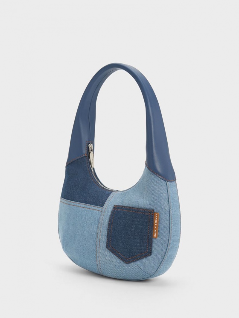 Charles And Keith Anthea Denim Contrast-Trim Curved Hobo Bag Blue | PHILIPPINES K183