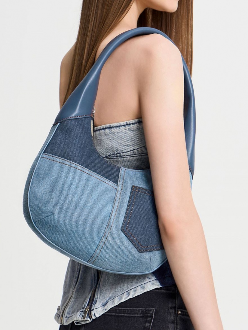 Charles And Keith Anthea Denim Contrast-Trim Curved Hobo Bag Blue | PHILIPPINES K183