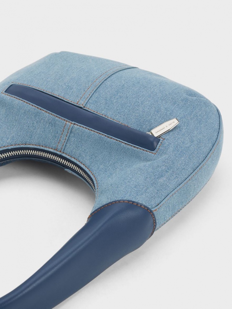 Charles And Keith Anthea Denim Contrast-Trim Curved Hobo Bag Blue | PHILIPPINES K183