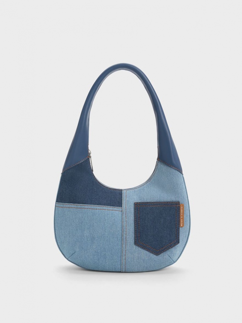 Charles And Keith Anthea Denim Contrast-Trim Curved Hobo Bag Blue | PHILIPPINES K183