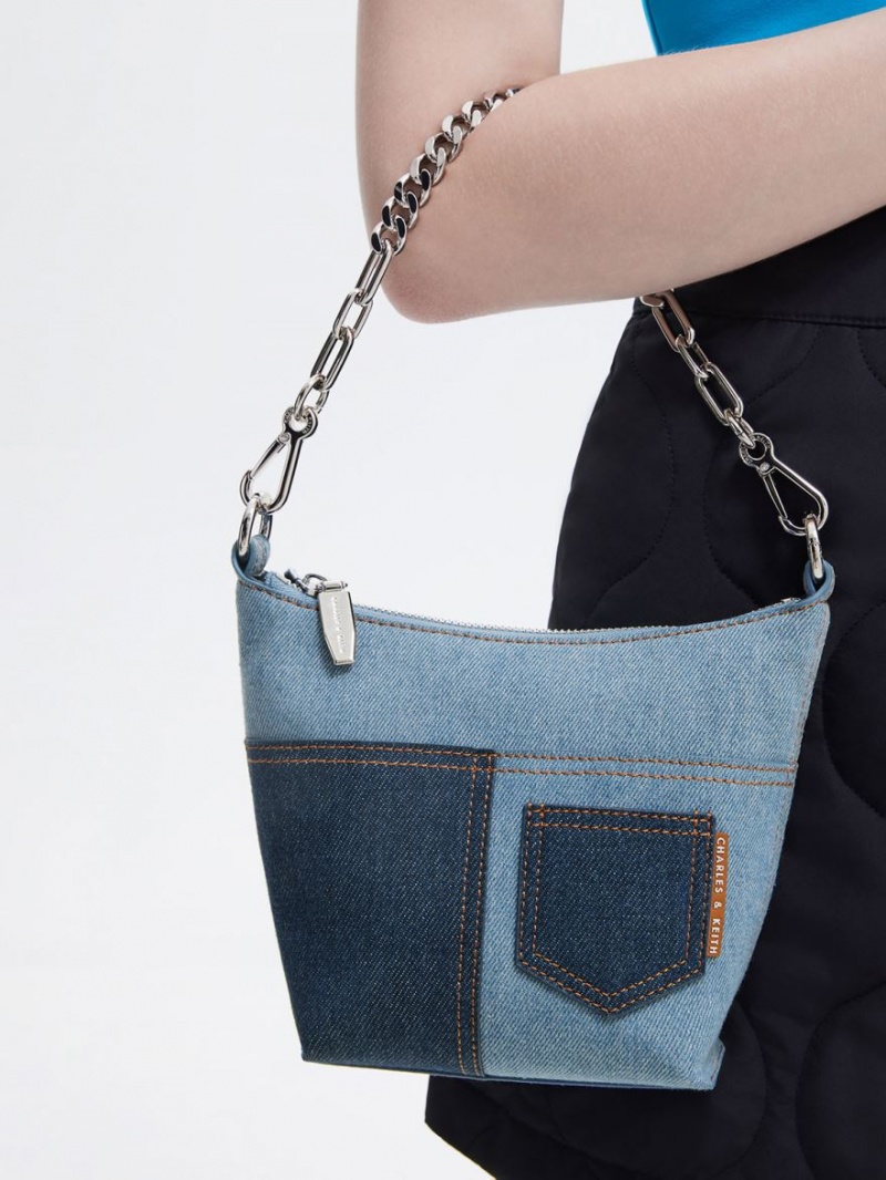 Charles And Keith Anthea Denim Contrast-Trim Shoulder Bags Blue | PHILIPPINES N514