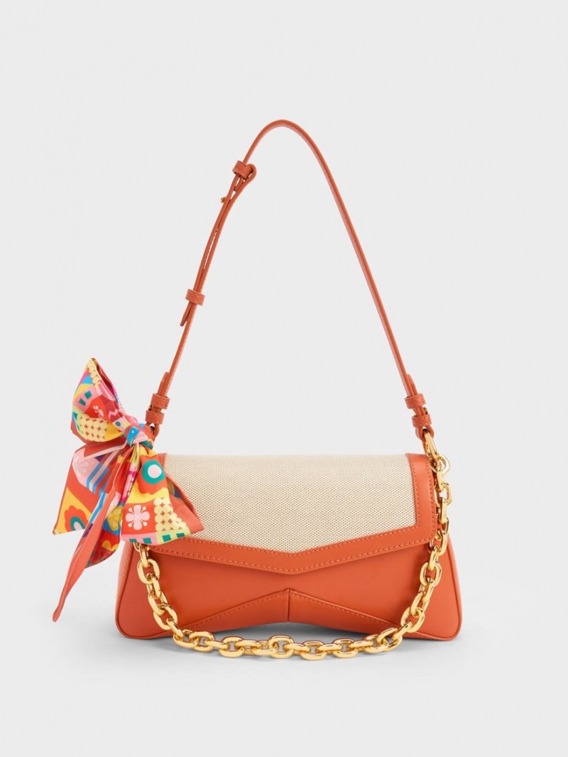 Charles And Keith Arley Canvas Chain-Link Trapeze Shoulder Bags Orange | PHILIPPINES X623