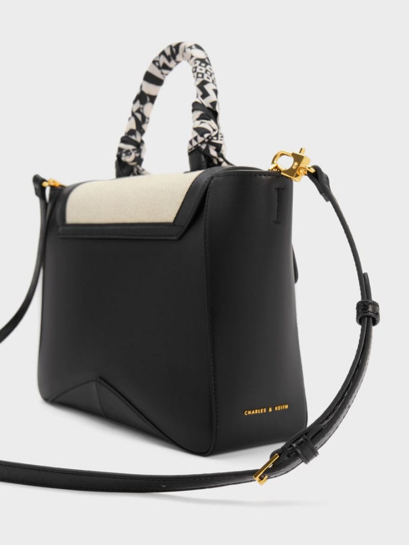 Charles And Keith Arley Canvas Scarf-Wrapped Top Handbag Black | PHILIPPINES Y125