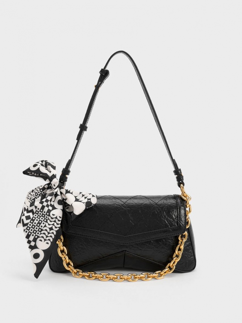 Charles And Keith Arley Scarf Chain-Link Trapeze Shoulder Bags Black | PHILIPPINES P352