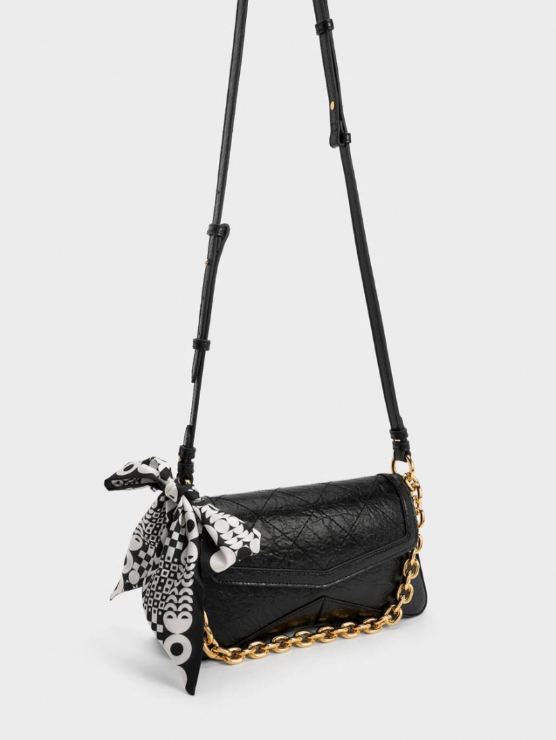 Charles And Keith Arley Scarf Chain-Link Trapeze Shoulder Bags Black | PHILIPPINES P352