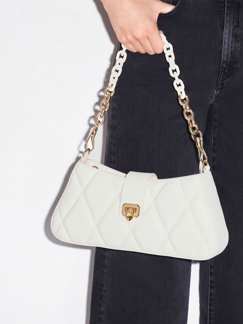 Charles And Keith Arwen Quilted Chunky Chain Tote Bags White | PHILIPPINES X928