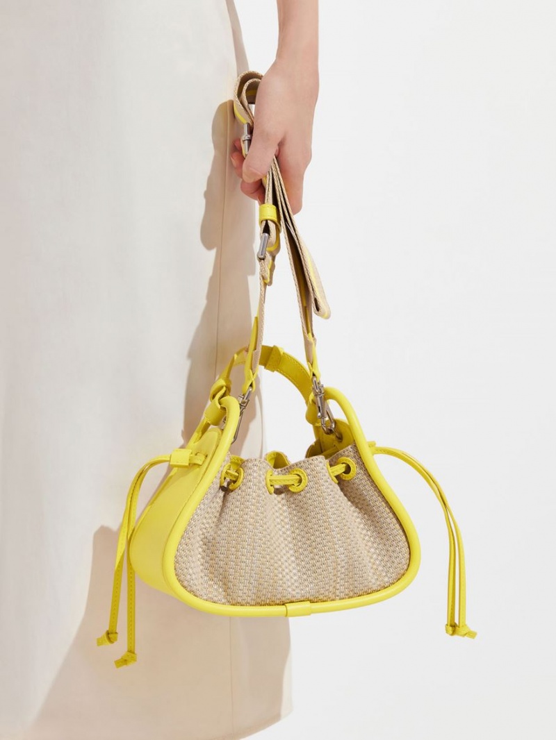 Charles And Keith Ashby Raffia Curved Handbag Yellow | PHILIPPINES E941