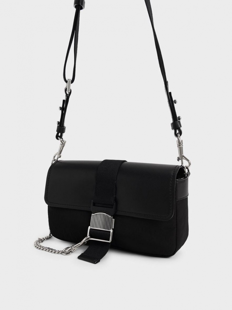 Charles And Keith Aspen Metallic Belt Buckle Shoulder Bags Black | PHILIPPINES P231