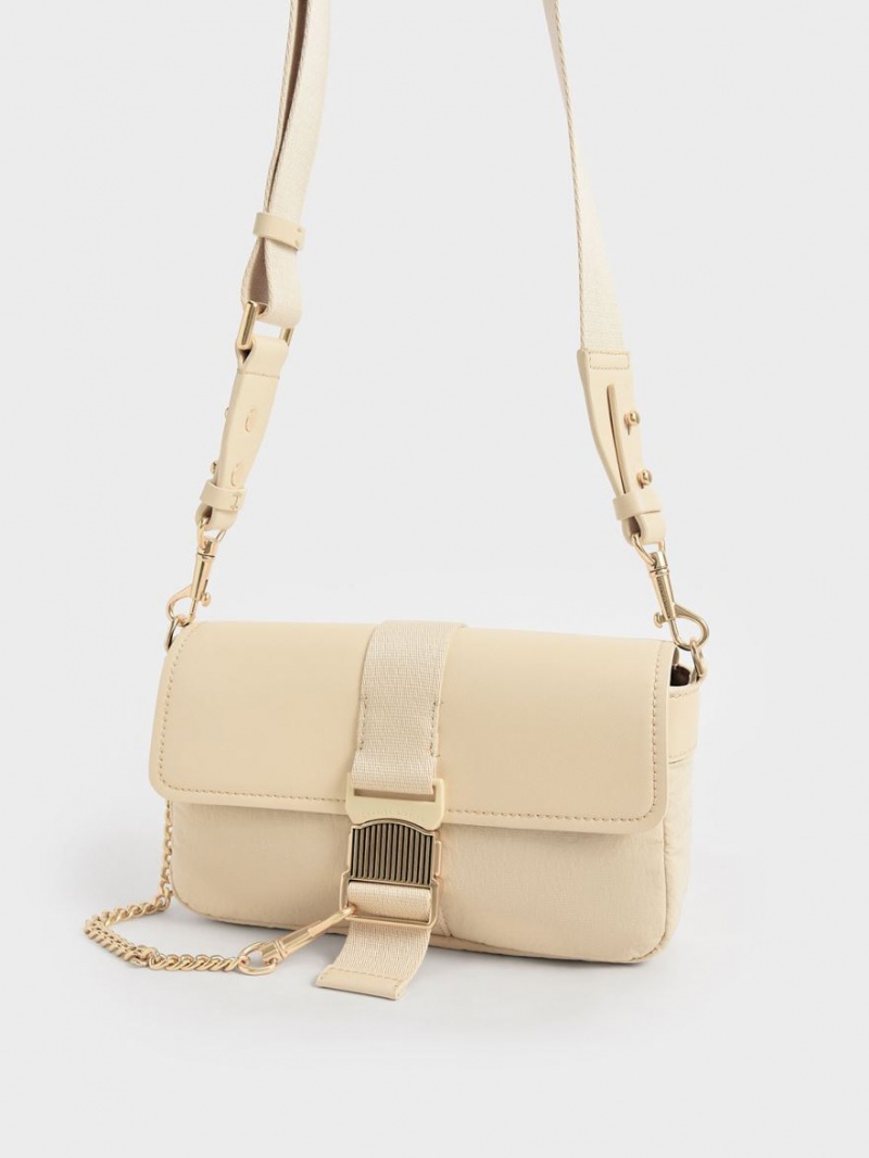 Charles And Keith Aspen Metallic Belt Buckle Shoulder Bags Beige | PHILIPPINES M149