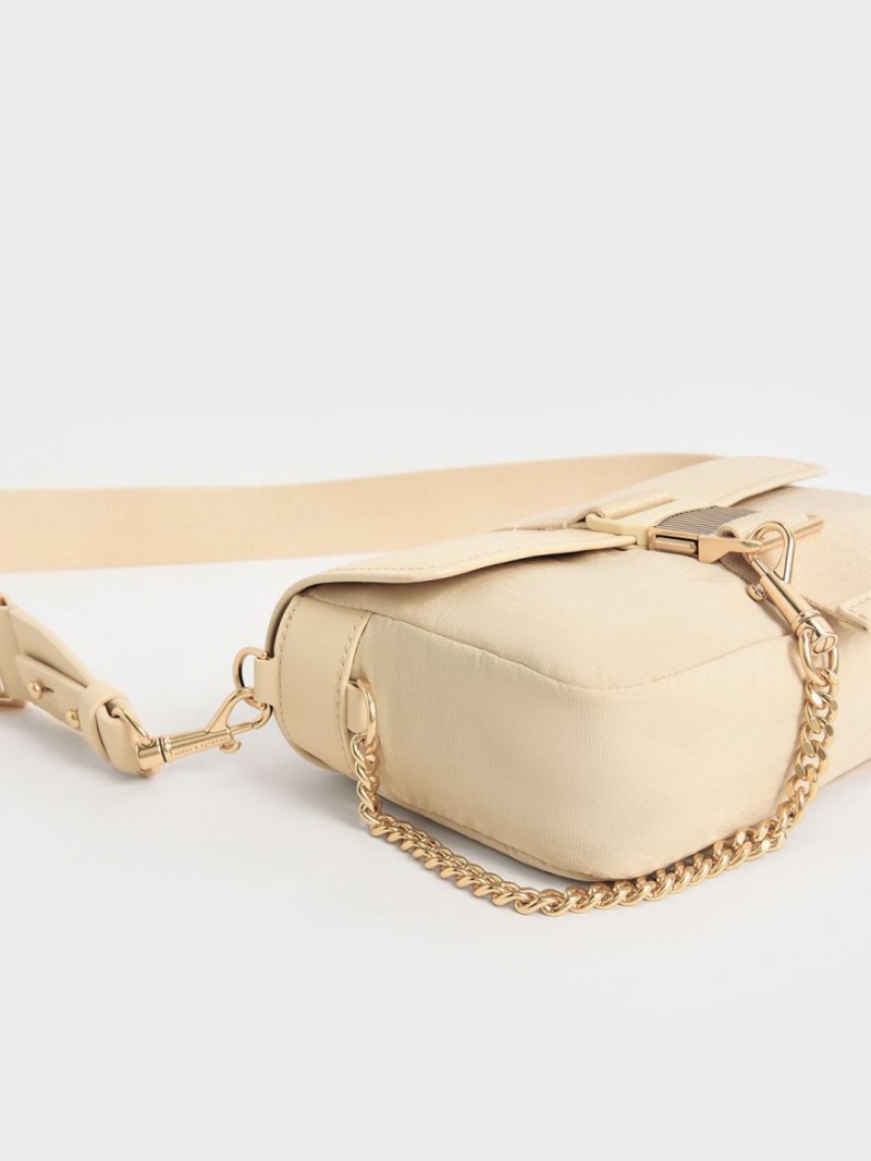 Charles And Keith Aspen Metallic Belt Buckle Shoulder Bags Beige | PHILIPPINES M149