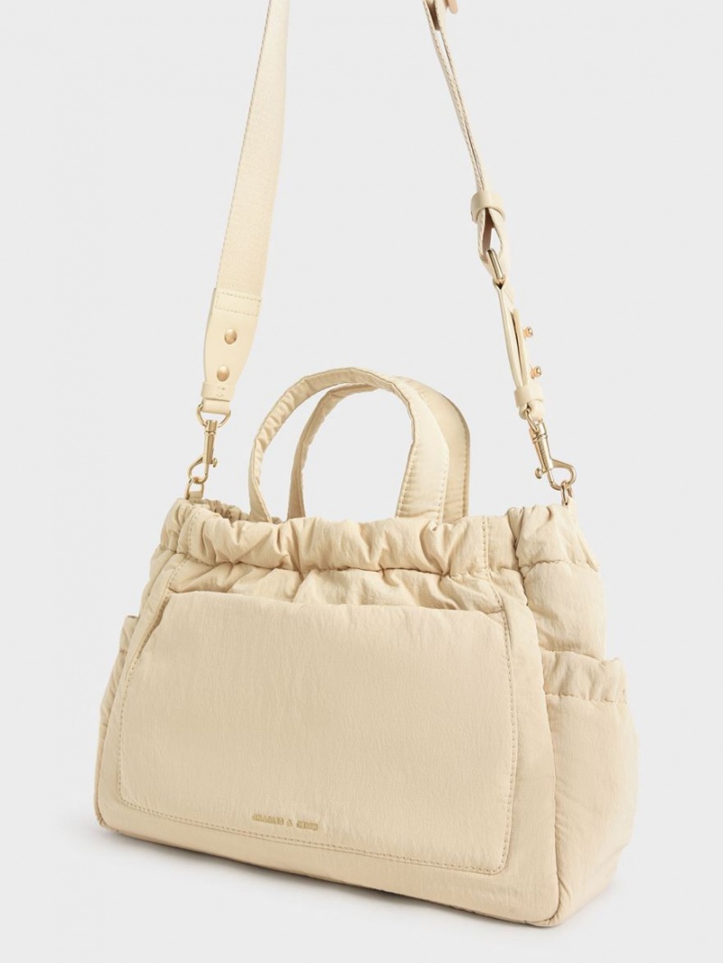 Charles And Keith Aspen Ruched Double Handle Tote Bags Beige | PHILIPPINES I209