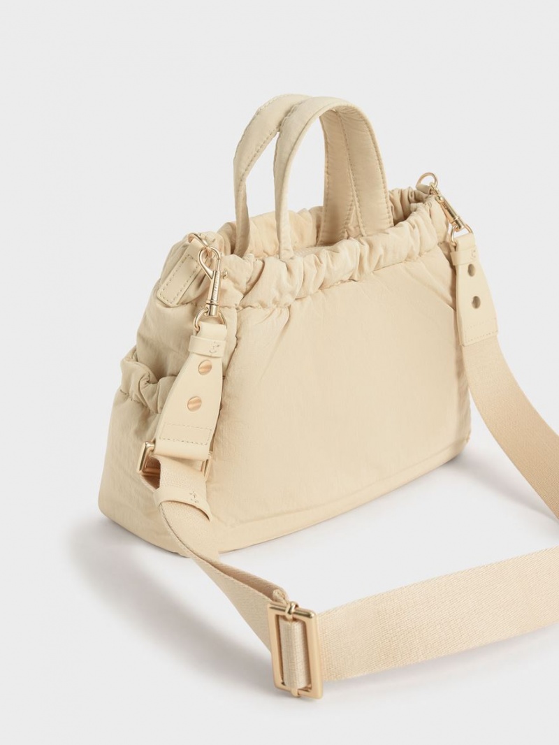 Charles And Keith Aspen Ruched Double Handle Tote Bags Beige | PHILIPPINES I209