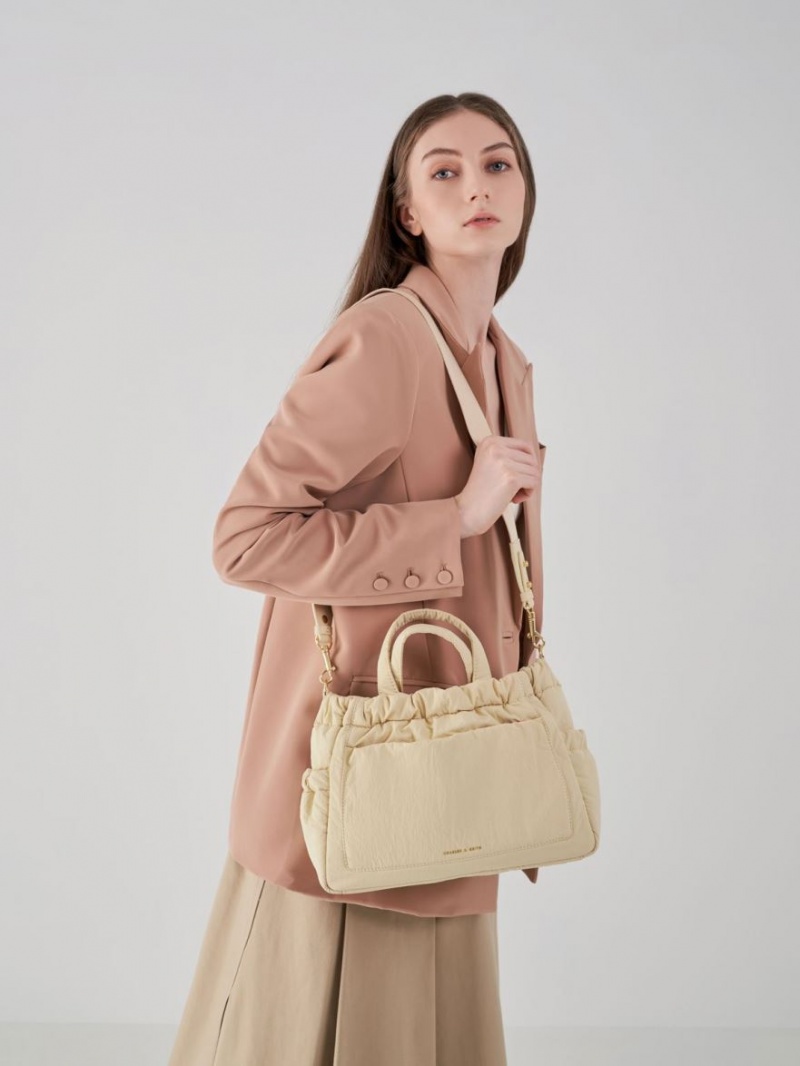 Charles And Keith Aspen Ruched Double Handle Tote Bags Beige | PHILIPPINES I209