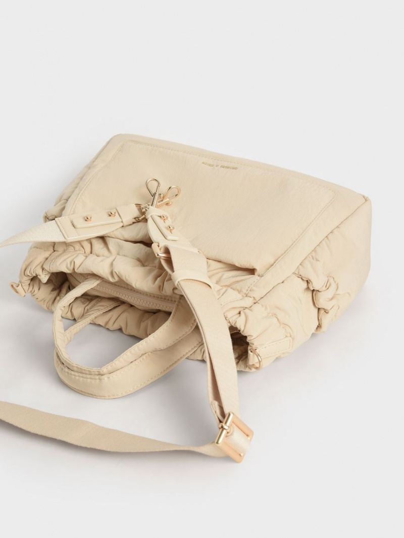 Charles And Keith Aspen Ruched Double Handle Tote Bags Beige | PHILIPPINES I209