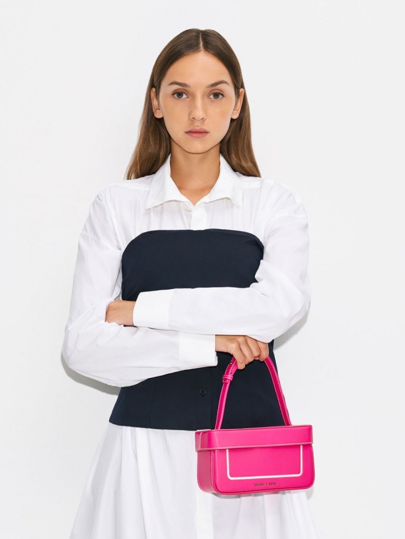 Charles And Keith Astra Contrast Trim Boxy Tote Bags Fuchsia | PHILIPPINES O574