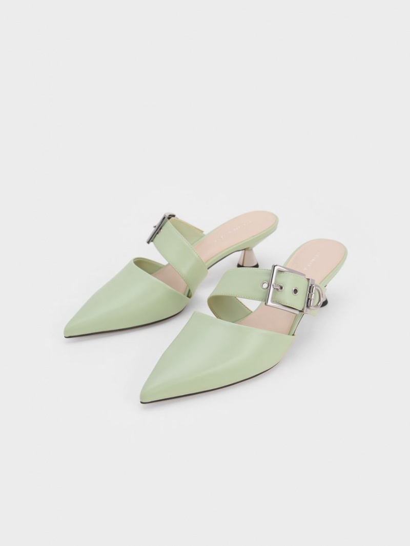 Charles And Keith Asymmetric Buckle Heeled Mules Mint | PHILIPPINES R305